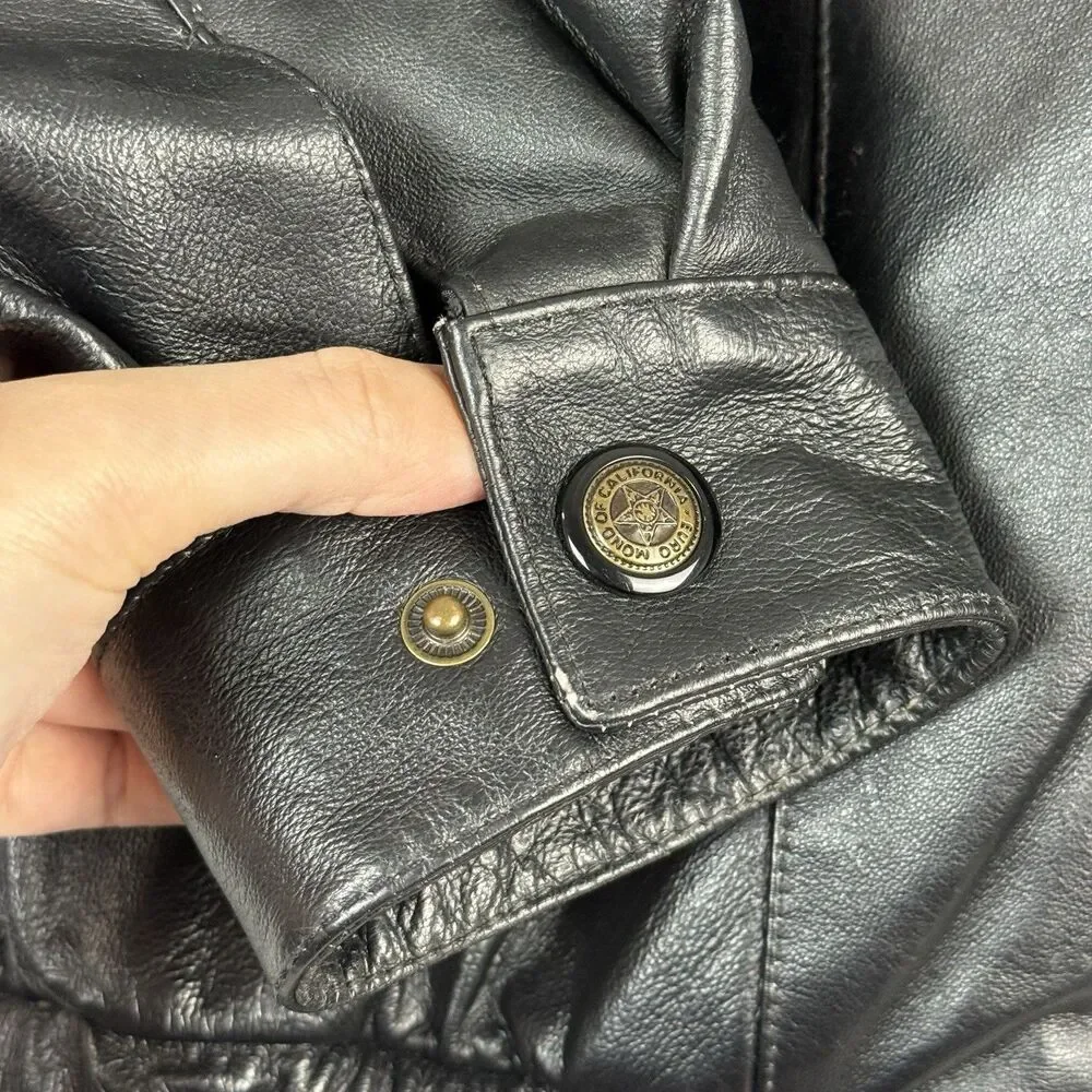 Vtg Leather Bomber Jacket Mens Medium Black USA Flag Biker Grunge Flight 80s 90s - Picture 7 of 14